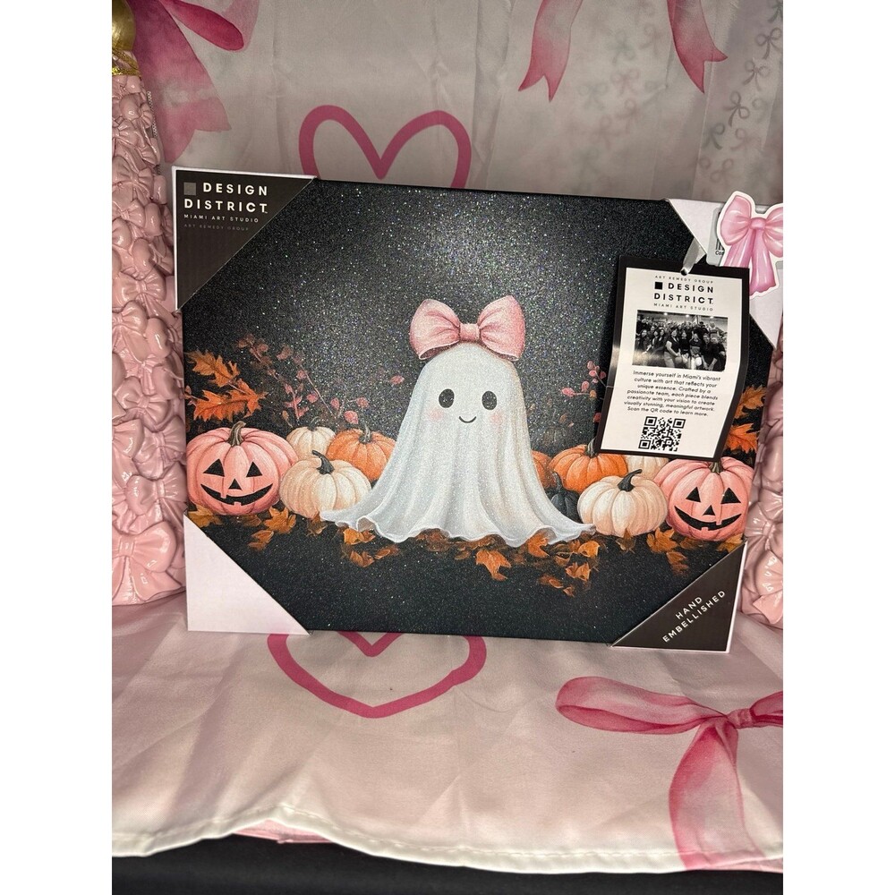 Halloween Coquette Pink Bow Ghost in Pumpkin Patch Canvas Wall Art